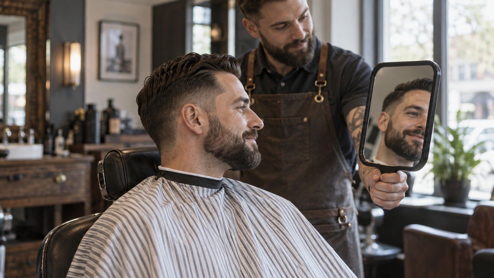 Man checking his trimmed beard in a mirror at a barbershop