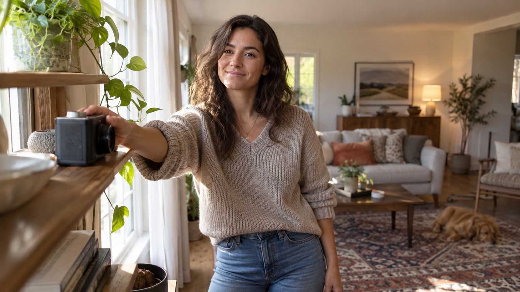 Woman positioning a camera on a shelf beside a window