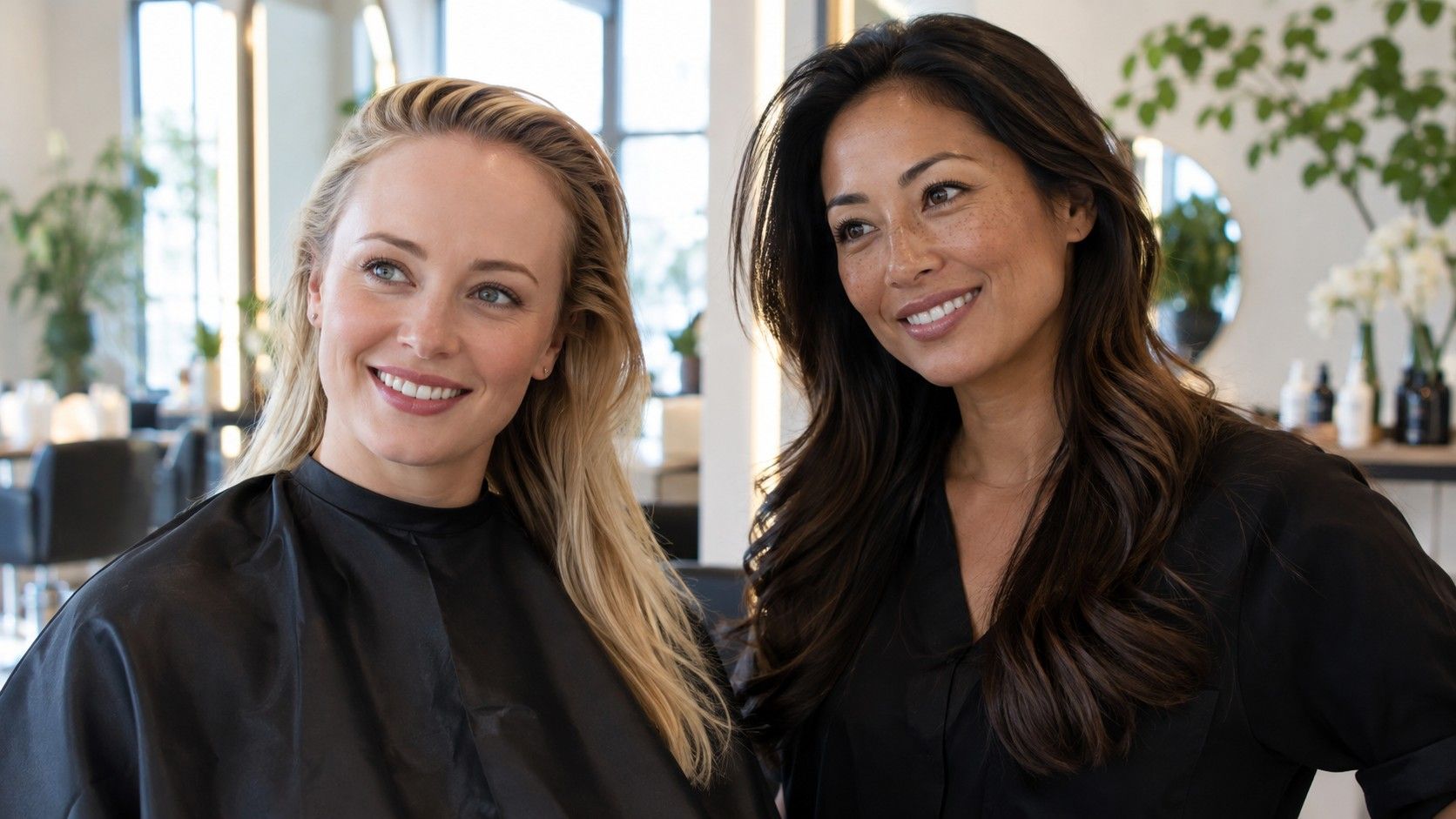 Two women with different facial proportions at a salon