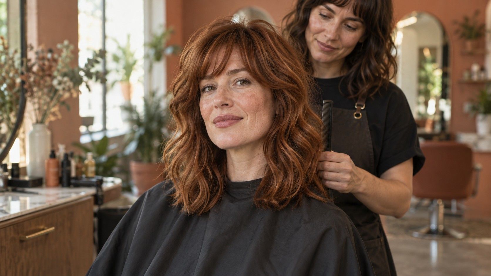 Woman with shoulder-length wavy hair during a salon consultation