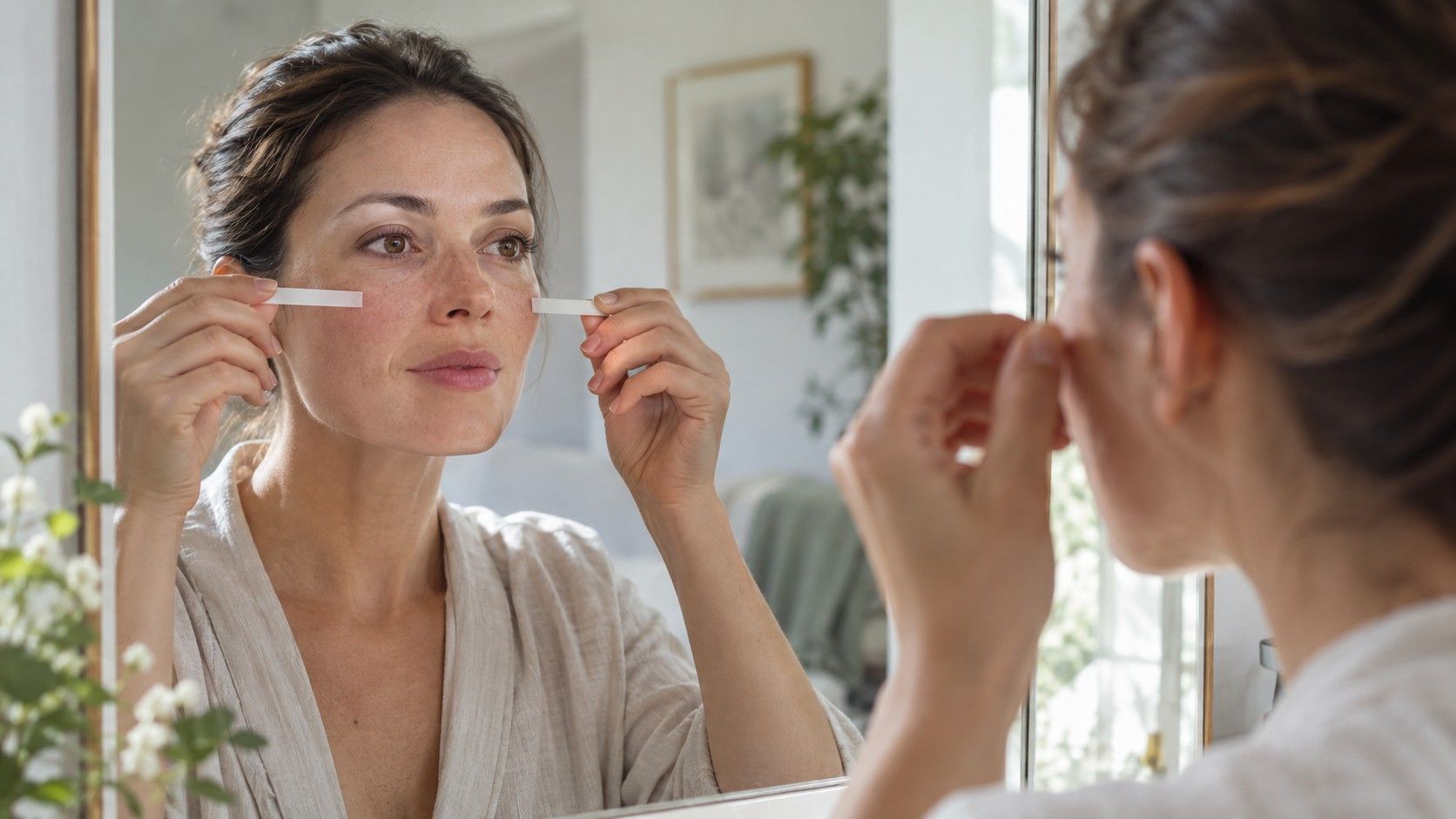 Woman comparing the width of her cheekbones in a mirror