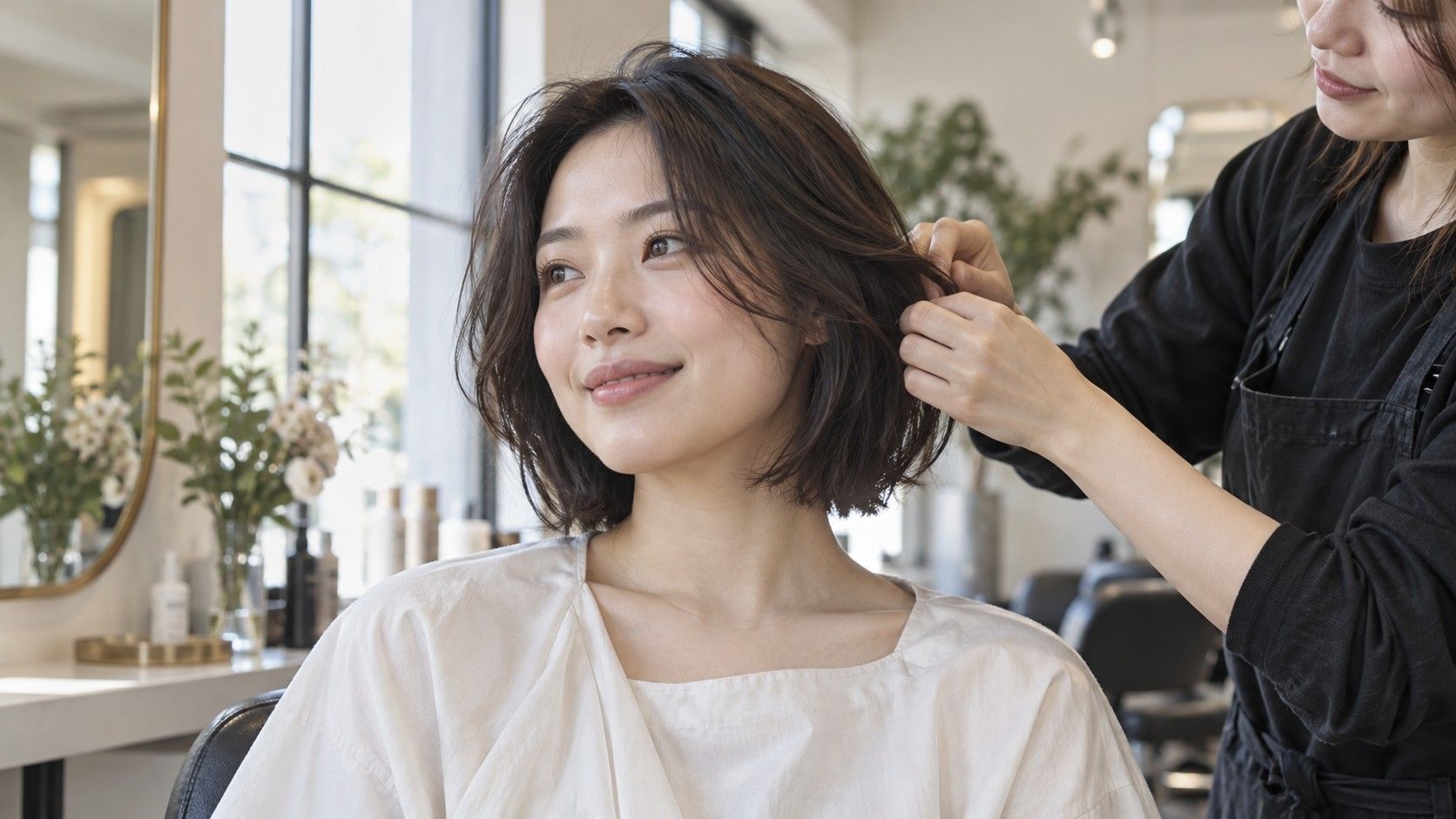 Woman with a softly round face and a textured bob at a salon