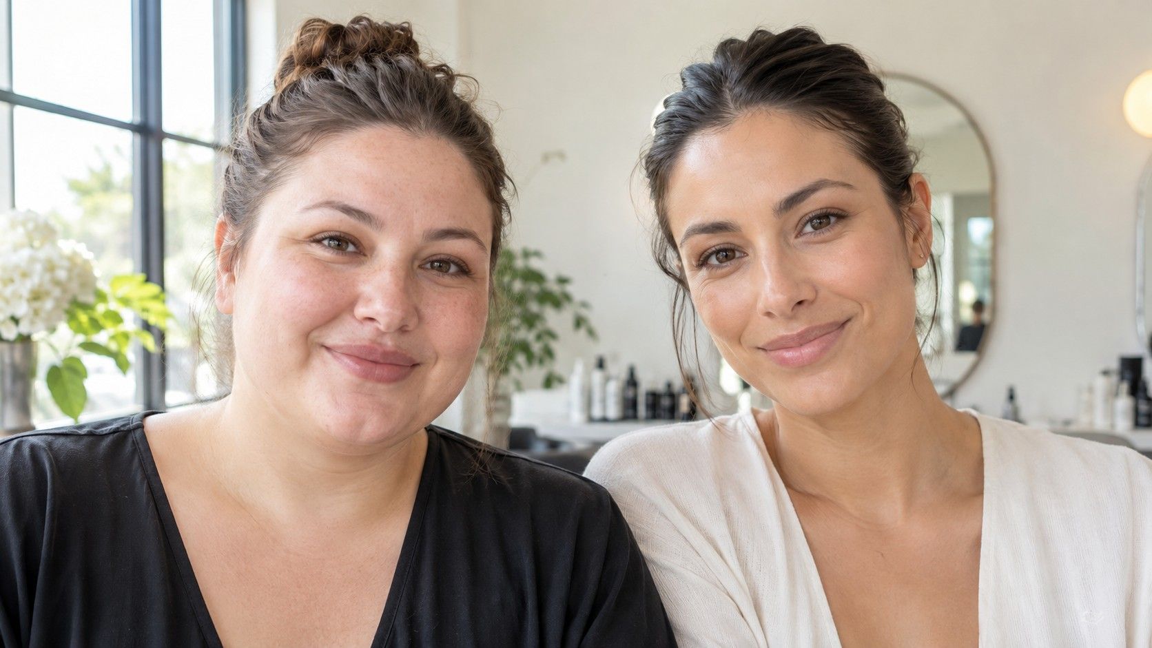Two women with rounded and oval facial outlines