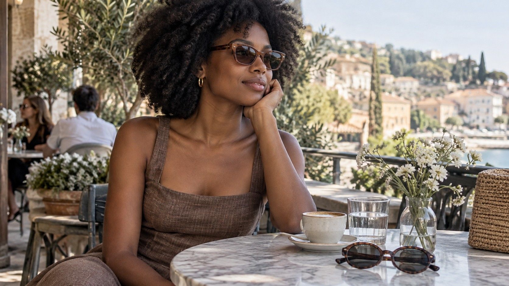 Woman wearing sunglasses at an outdoor cafe terrace